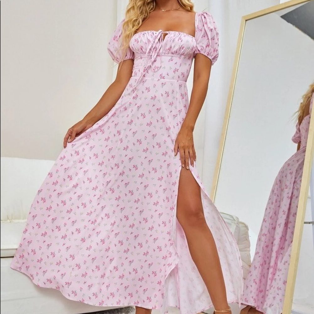 Puff Sleeve High Split Floral Print Dress
